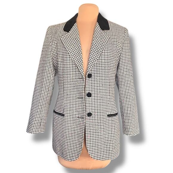 Vintage 90s Tailored Black White Houndstooth Blazer Jacket Velvet Collar Wool - Picture 3 of 11